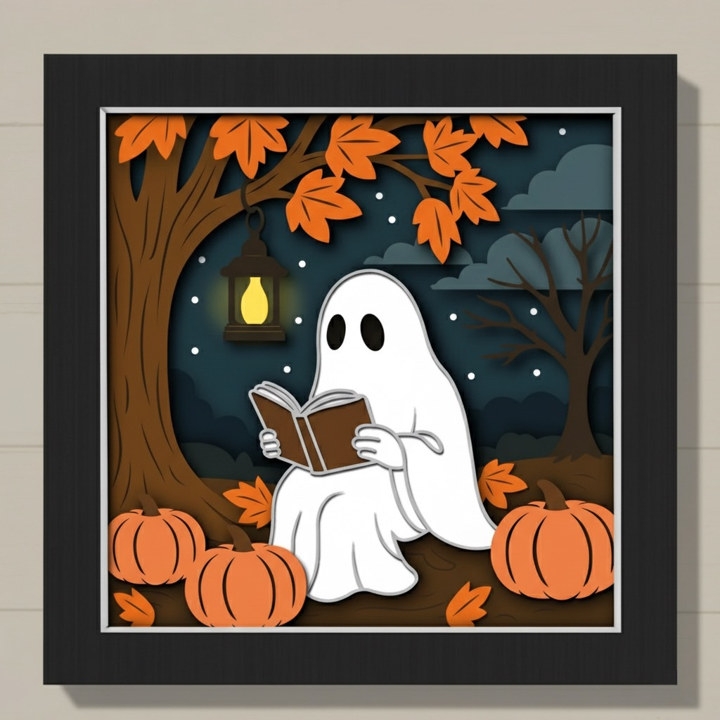 Autumn Ghost Reading Shadow Box: Halloween Book Lover Wall Art - Image 2