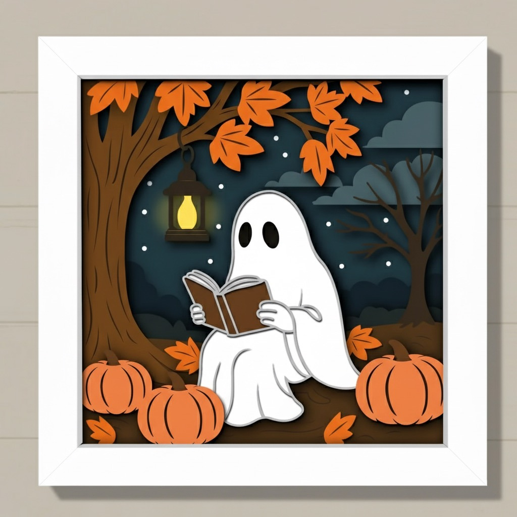 Autumn Ghost Reading Shadow Box: Halloween Book Lover Wall Art