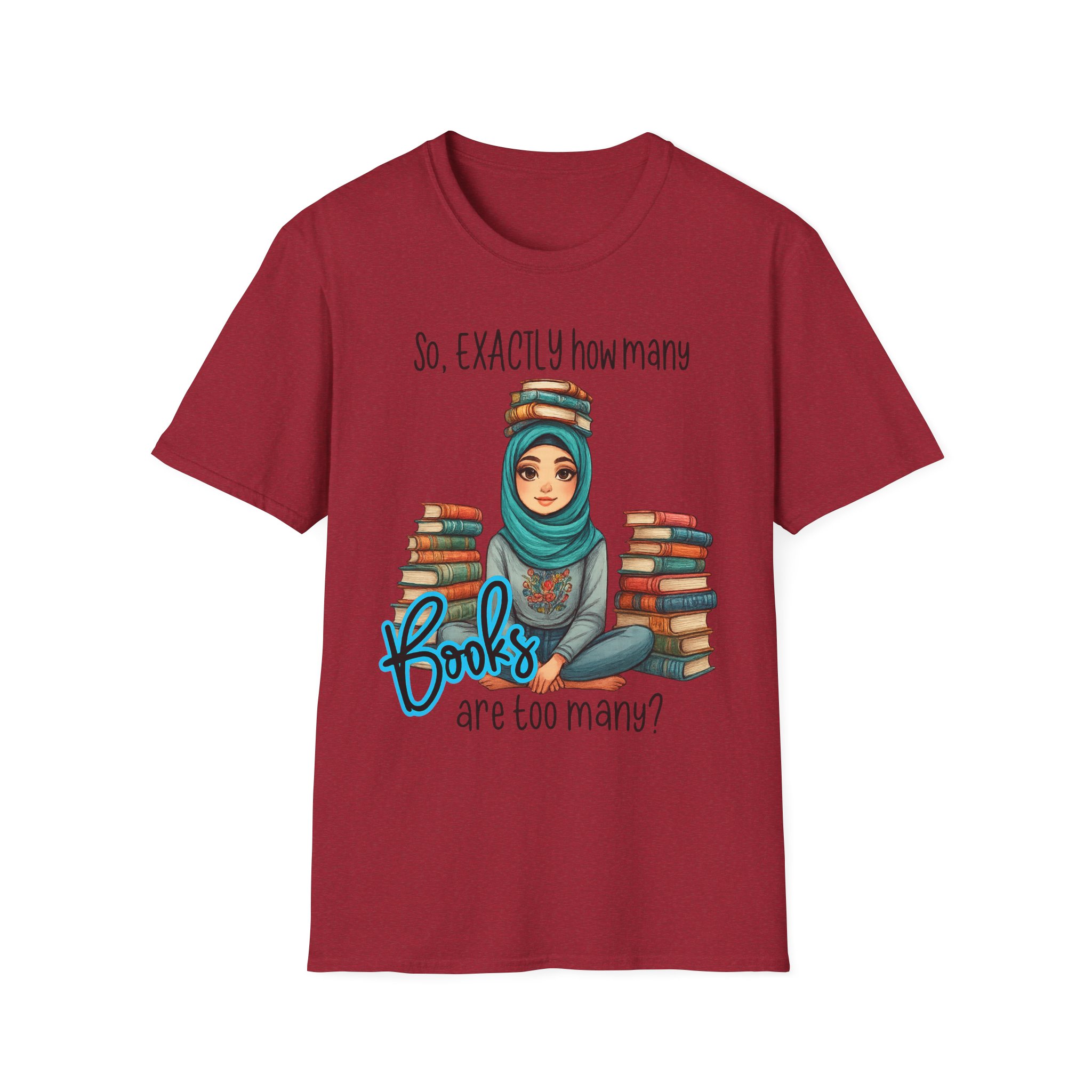 “How Many Books Is Too Many?” T-Shirt – Hijabi Reader Graphic, Unisex Softstyle Tee for Book Lovers - Image 11