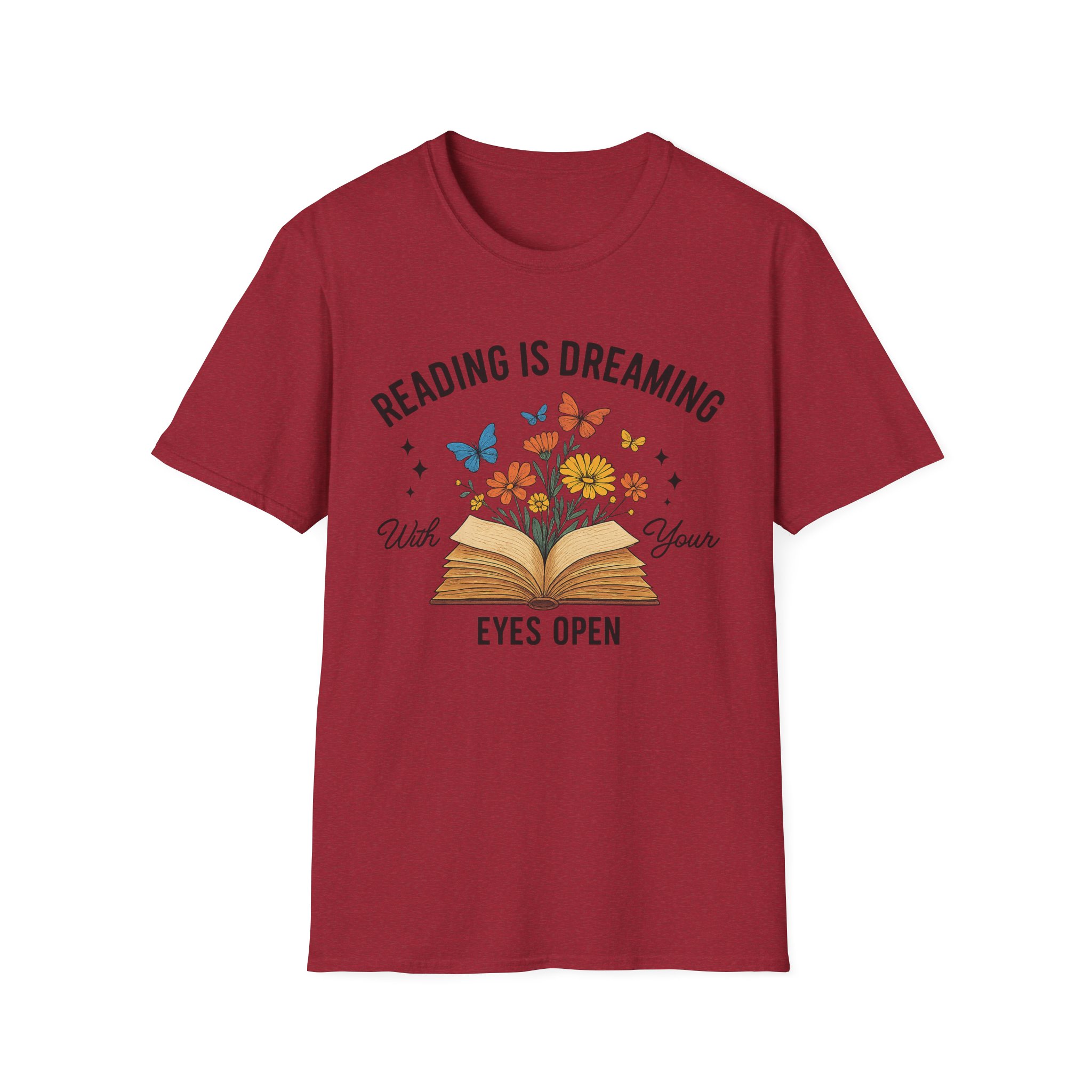 “Reading is Dreaming with Your Eyes Open” T-Shirt – Book Lover Unisex Softstyle Tee with Floral & Butterfly Design - Image 9