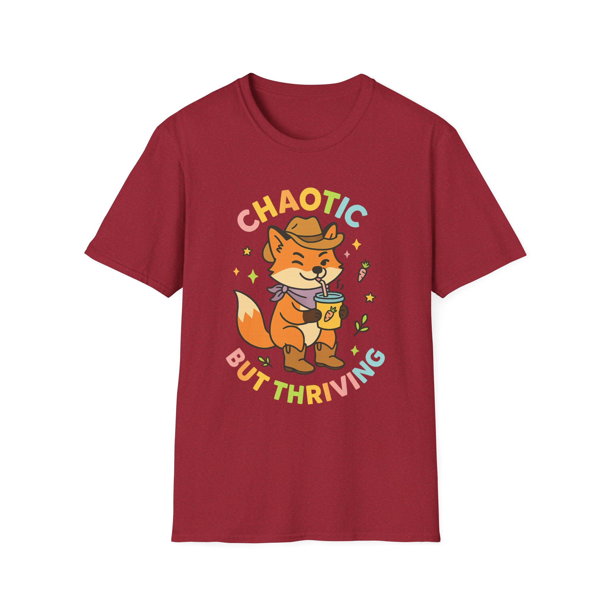 “Chaotic But Thriving” Cowboy Fox Tee – Funny Unisex Softstyle T-Shirt, Lightweight Comfort - Image 2