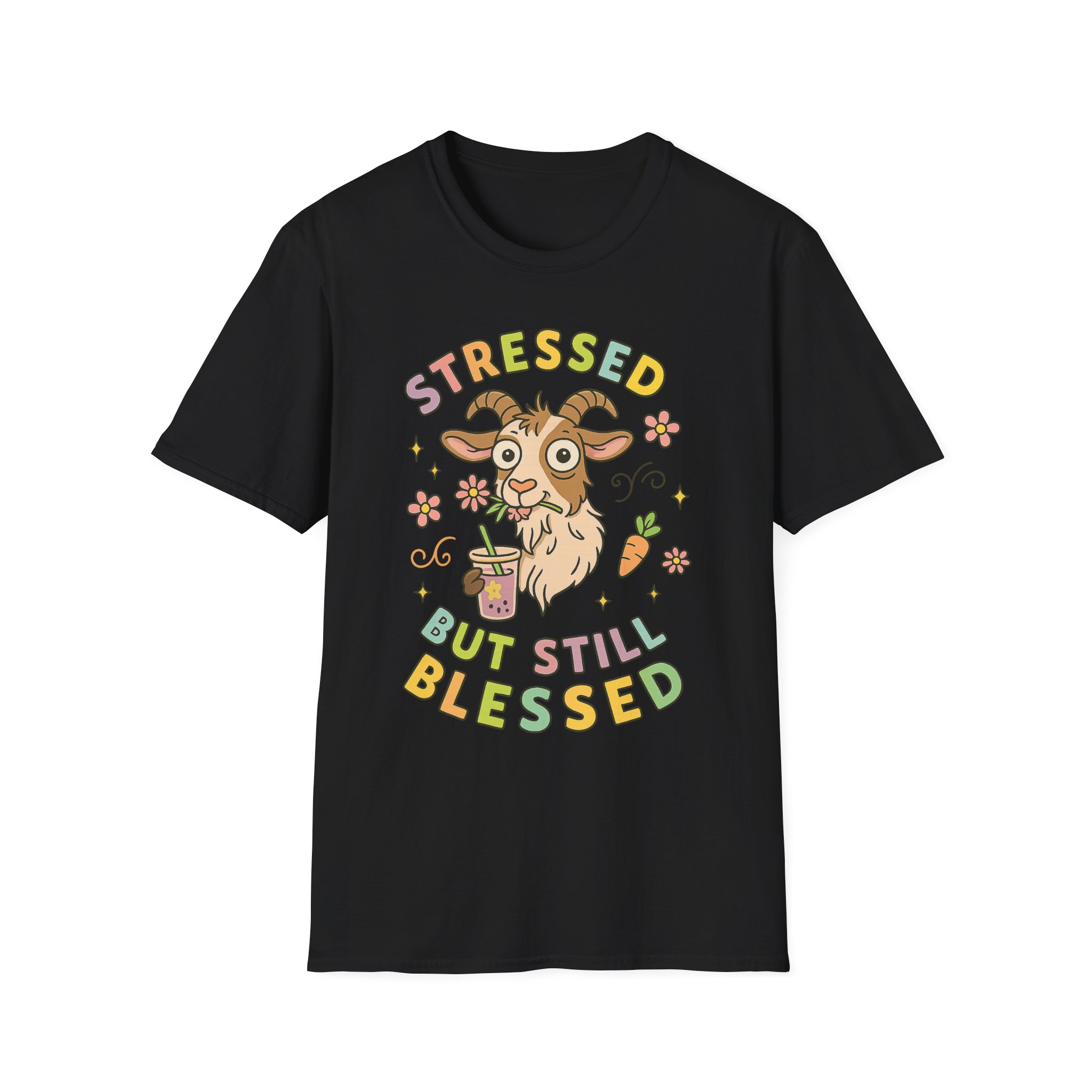 “Stressed But Still Blessed” Goat T-Shirt – Funny Mental Health Unisex Softstyle Tee - Image 9