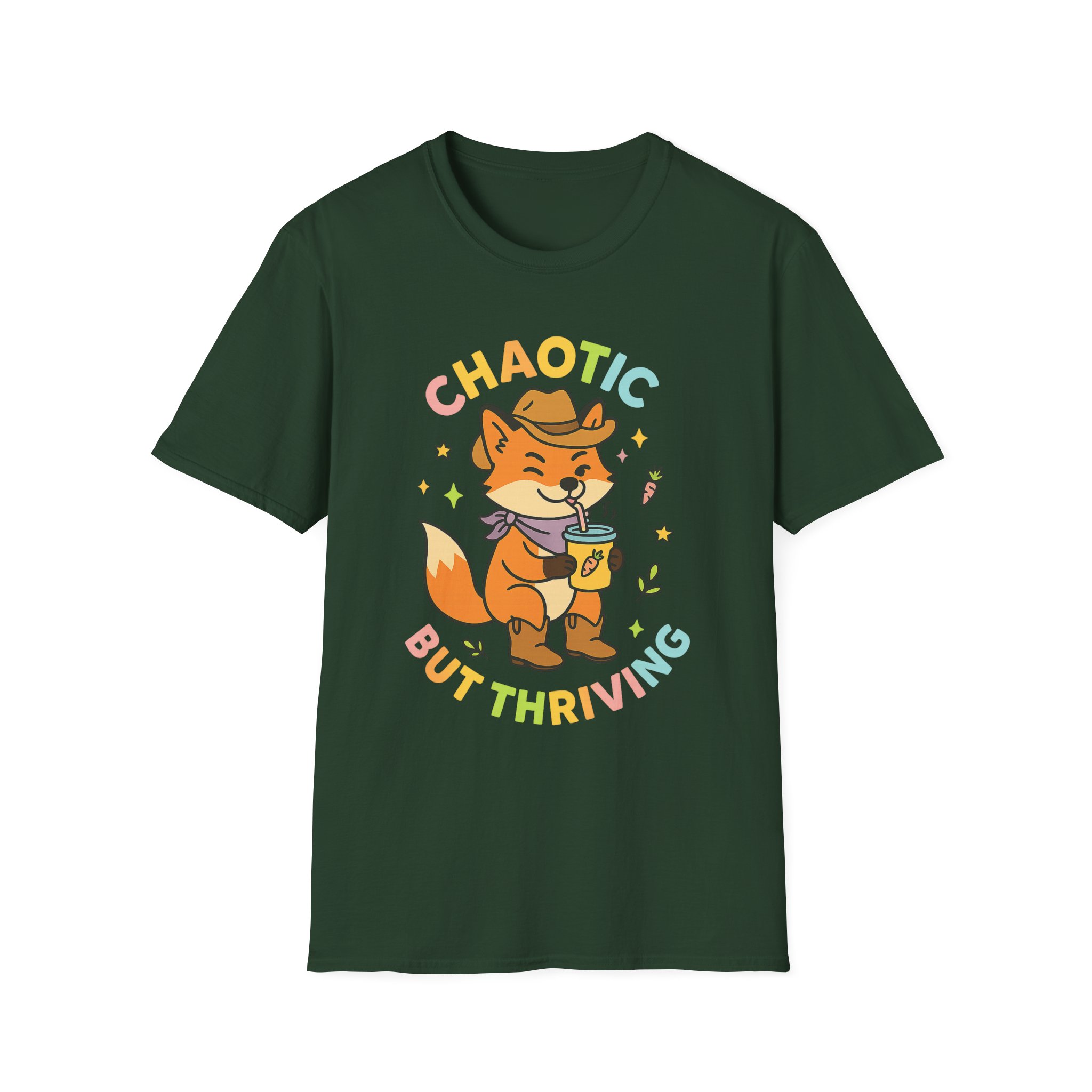 “Chaotic But Thriving” Cowboy Fox Tee – Funny Unisex Softstyle T-Shirt, Lightweight Comfort - Image 3