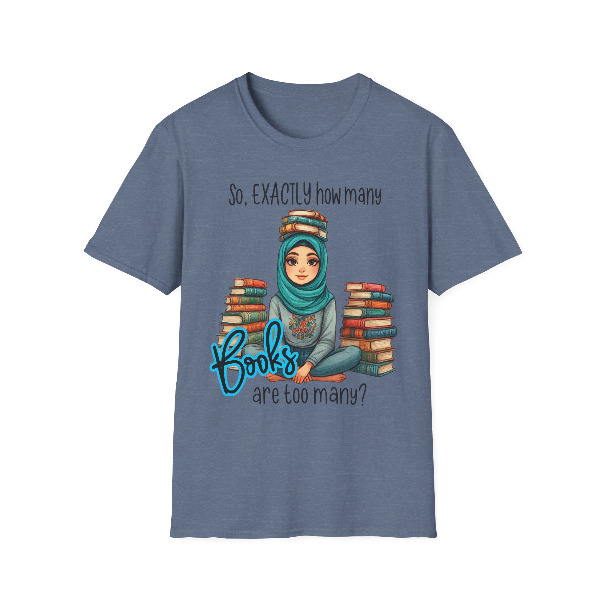 “How Many Books Is Too Many?” T-Shirt – Hijabi Reader Graphic, Unisex Softstyle Tee for Book Lovers - Image 10