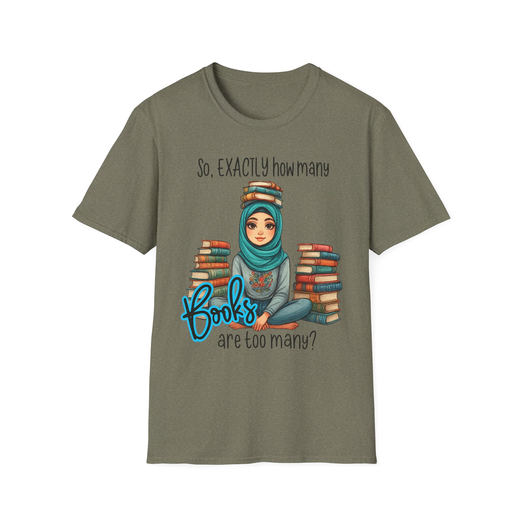 “How Many Books Is Too Many?” T-Shirt – Hijabi Reader Graphic, Unisex Softstyle Tee for Book Lovers - Image 9