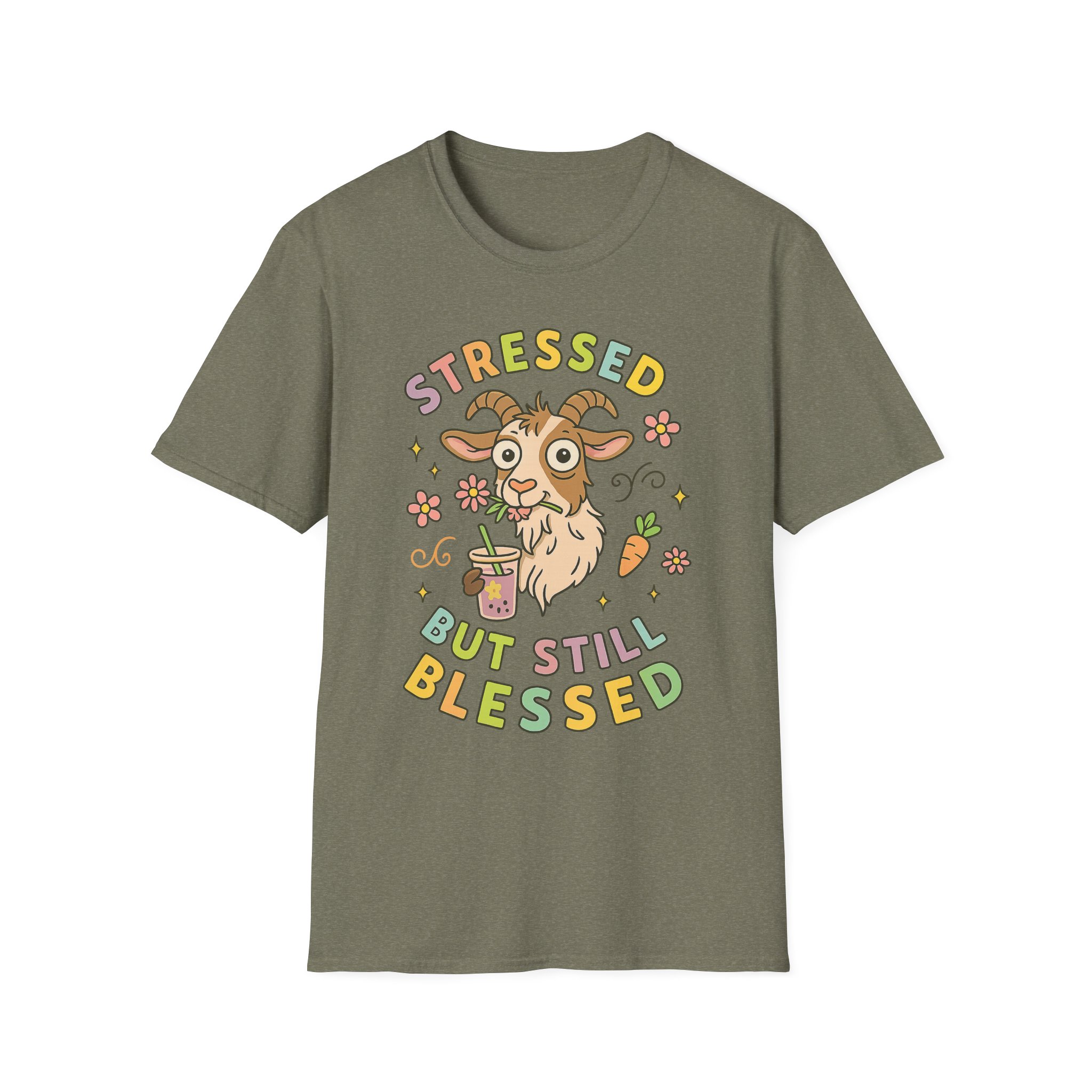 “Stressed But Still Blessed” Goat T-Shirt – Funny Mental Health Unisex Softstyle Tee - Image 7