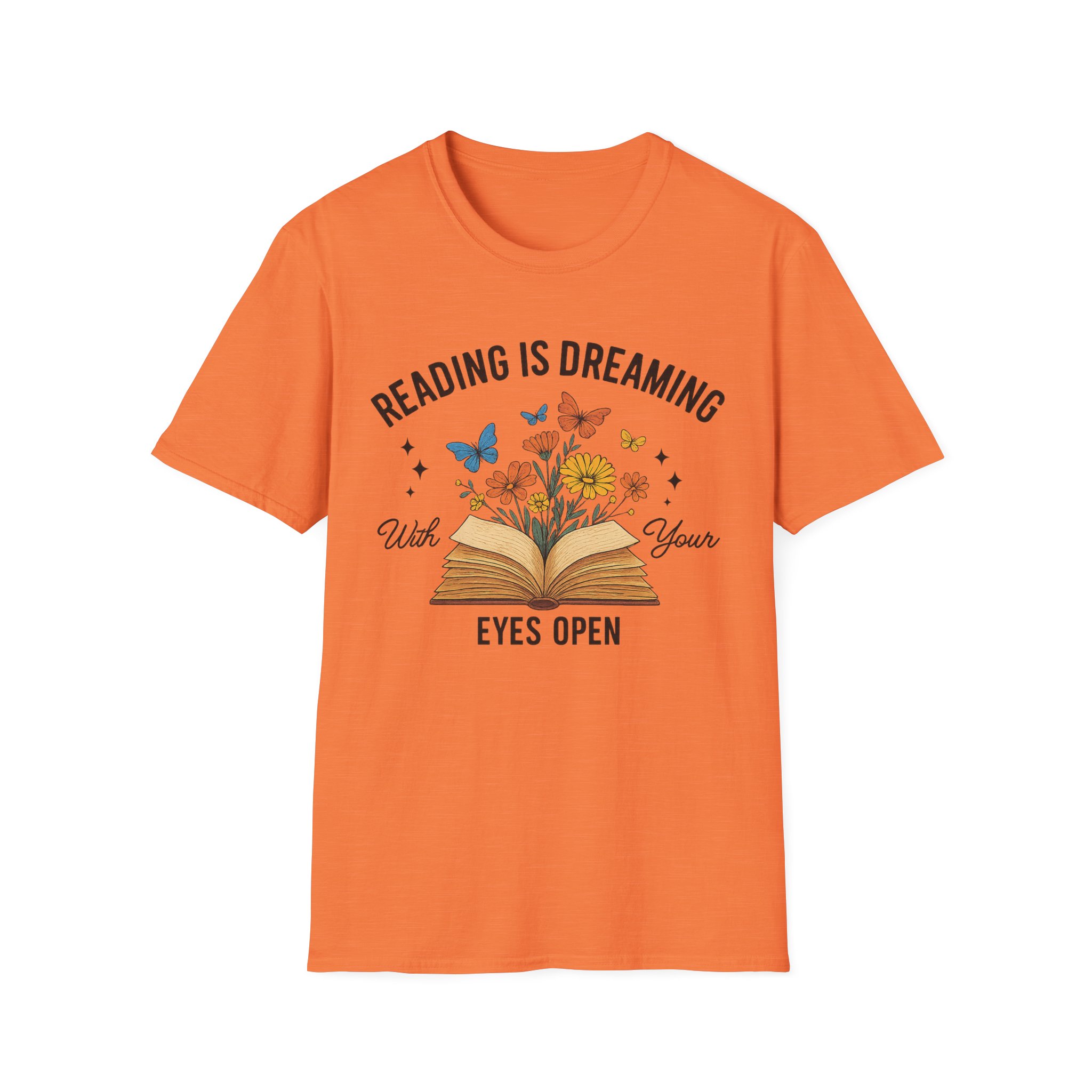 “Reading is Dreaming with Your Eyes Open” T-Shirt – Book Lover Unisex Softstyle Tee with Floral & Butterfly Design - Image 6