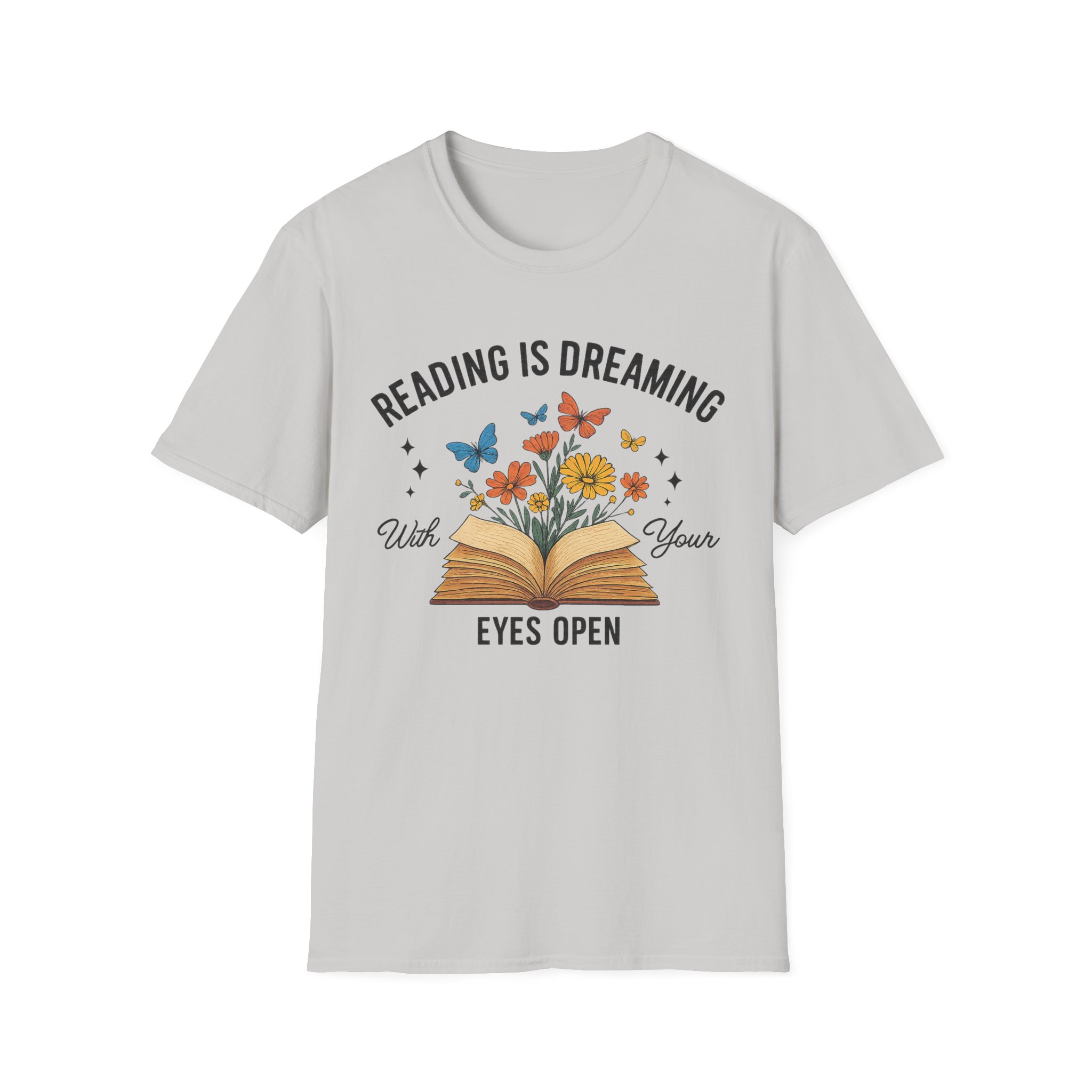 “Reading is Dreaming with Your Eyes Open” T-Shirt – Book Lover Unisex Softstyle Tee with Floral & Butterfly Design - Image 5