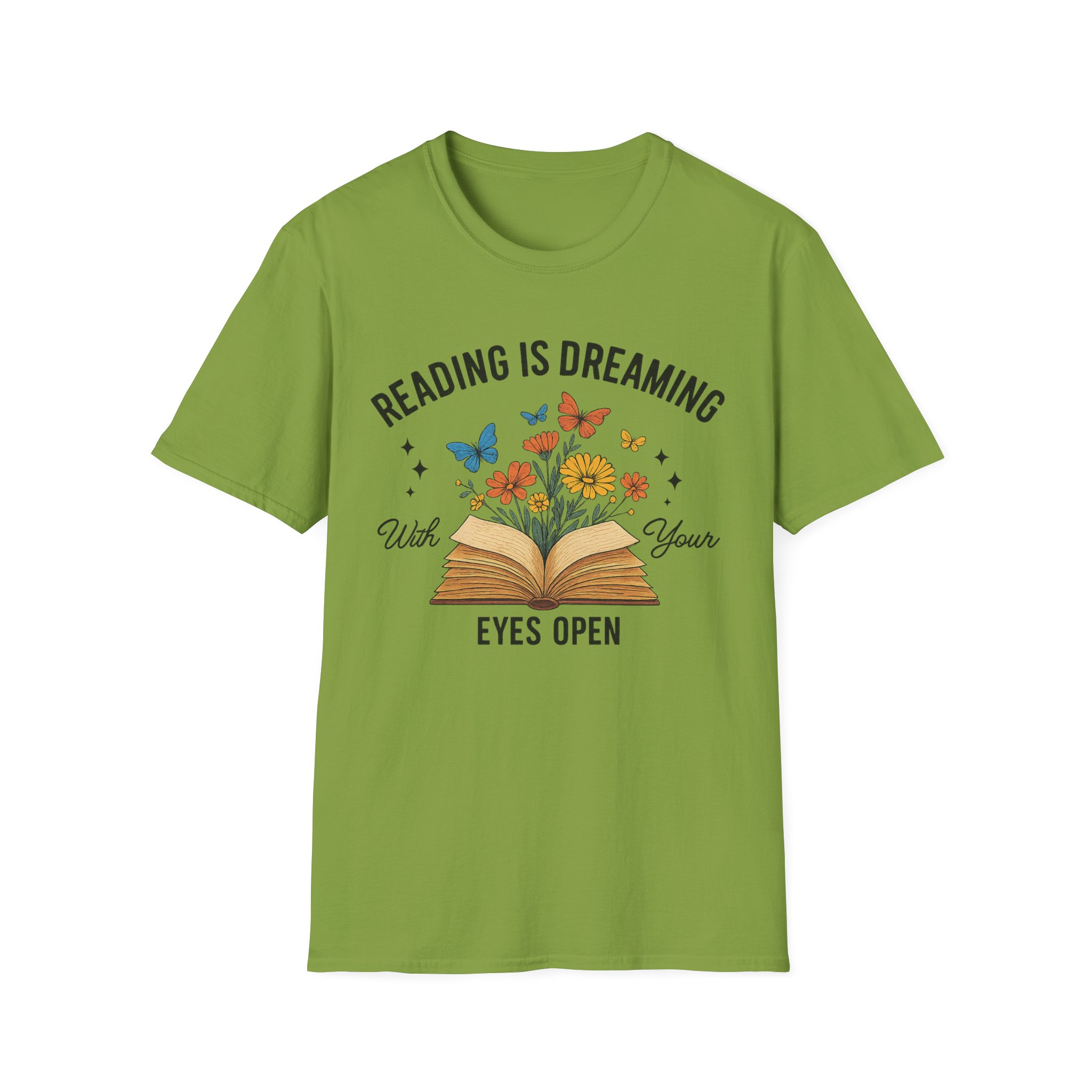 “Reading is Dreaming with Your Eyes Open” T-Shirt – Book Lover Unisex Softstyle Tee with Floral & Butterfly Design - Image 4