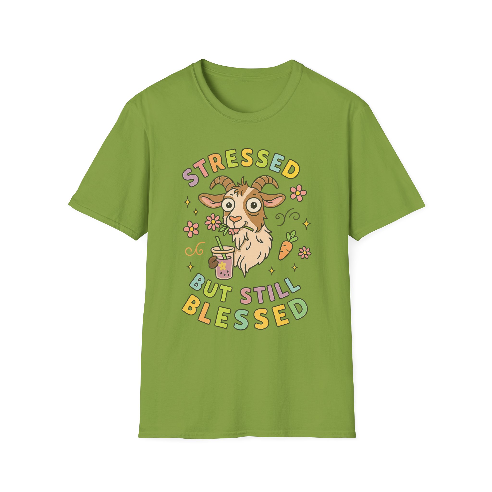 “Stressed But Still Blessed” Goat T-Shirt – Funny Mental Health Unisex Softstyle Tee - Image 4
