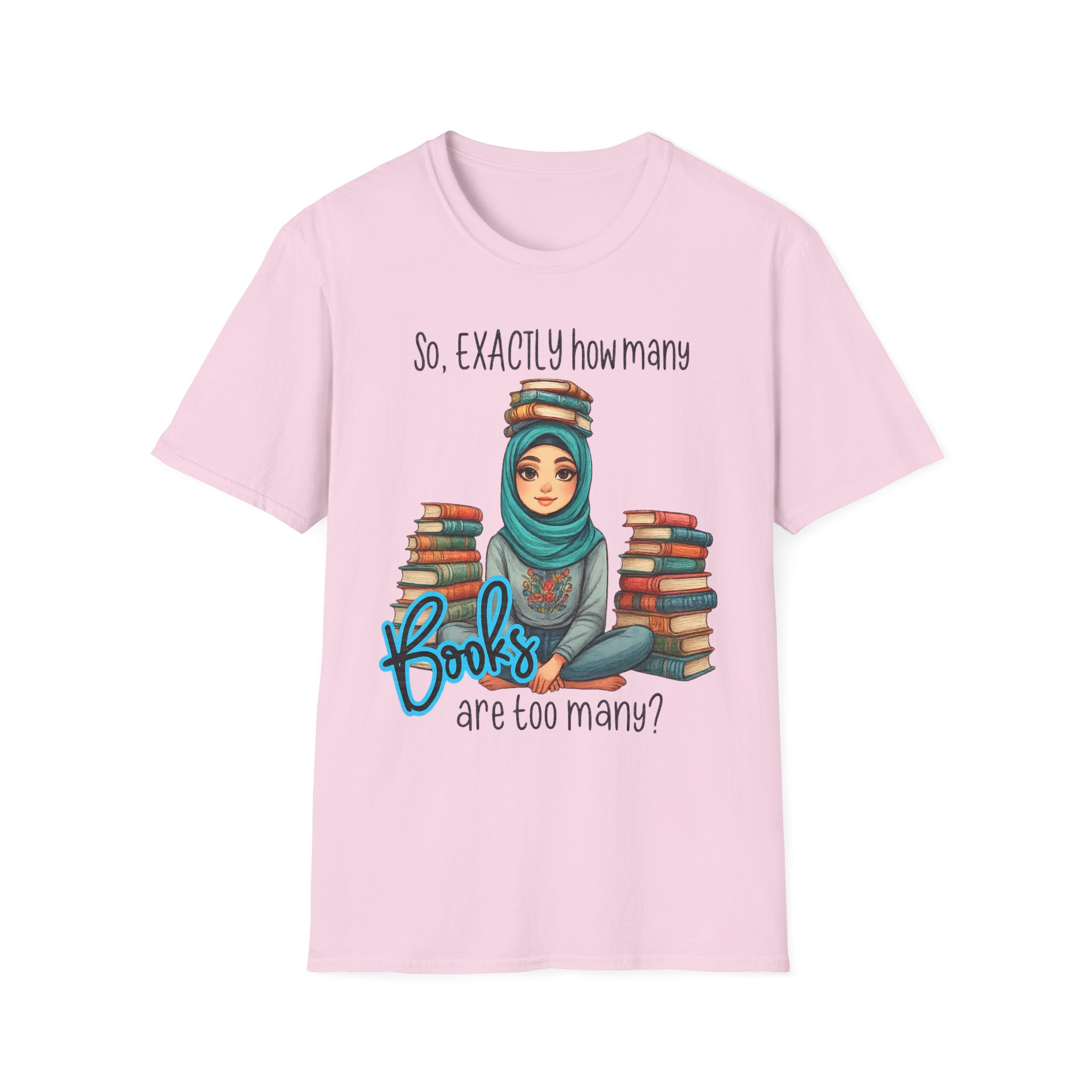 “How Many Books Is Too Many?” T-Shirt – Hijabi Reader Graphic, Unisex Softstyle Tee for Book Lovers - Image 7