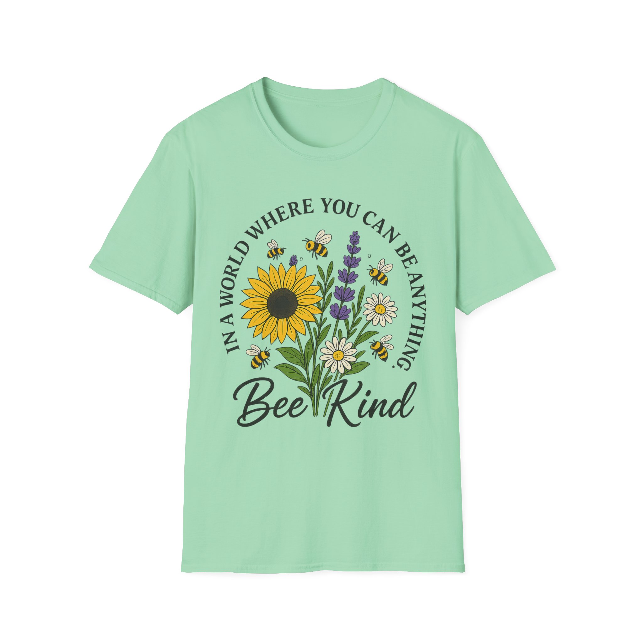 “Bee Kind” Floral Graphic T-Shirt – Unisex Softstyle Tee with Sunflower & Bees, Positive Vibes - Image 9