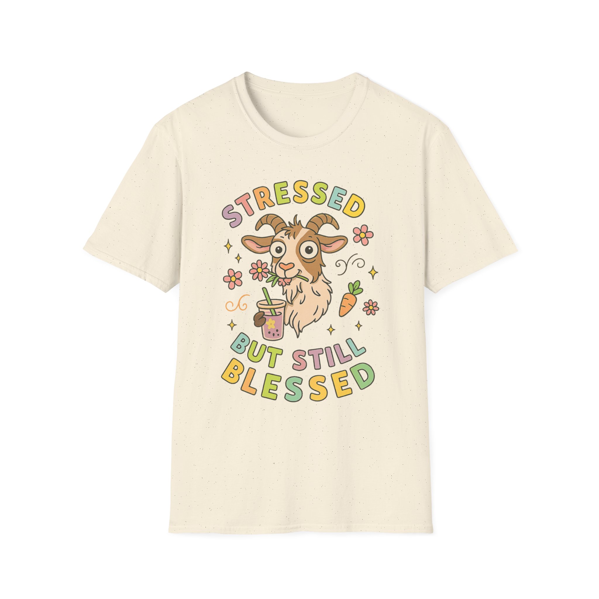 “Stressed But Still Blessed” Goat T-Shirt – Funny Mental Health Unisex Softstyle Tee