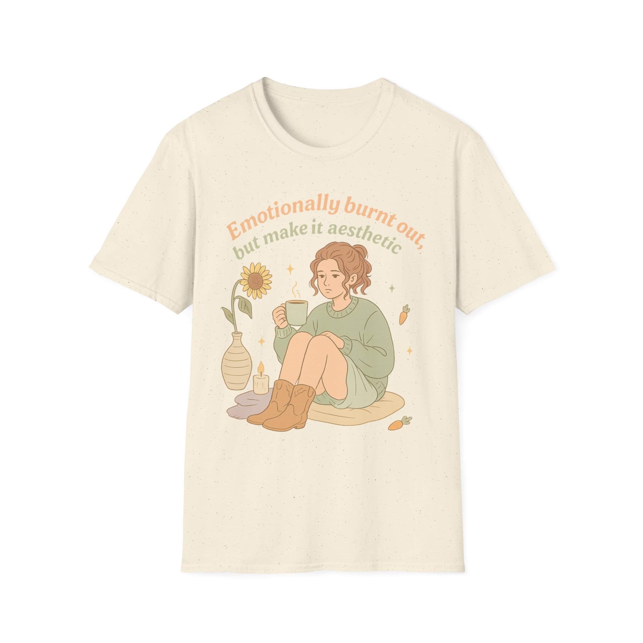 “Emotionally Burnt Out, But Make It Aesthetic” T-Shirt – Funny Mental Health Unisex Softstyle Tee