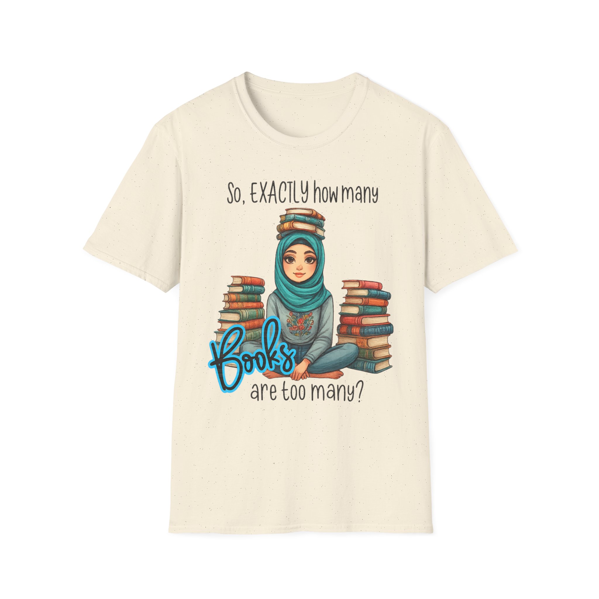 “How Many Books Is Too Many?” T-Shirt – Hijabi Reader Graphic, Unisex Softstyle Tee for Book Lovers - Image 6