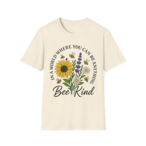 “Bee Kind” Floral Graphic T-Shirt – Unisex Softstyle Tee with Sunflower & Bees, Positive Vibes
