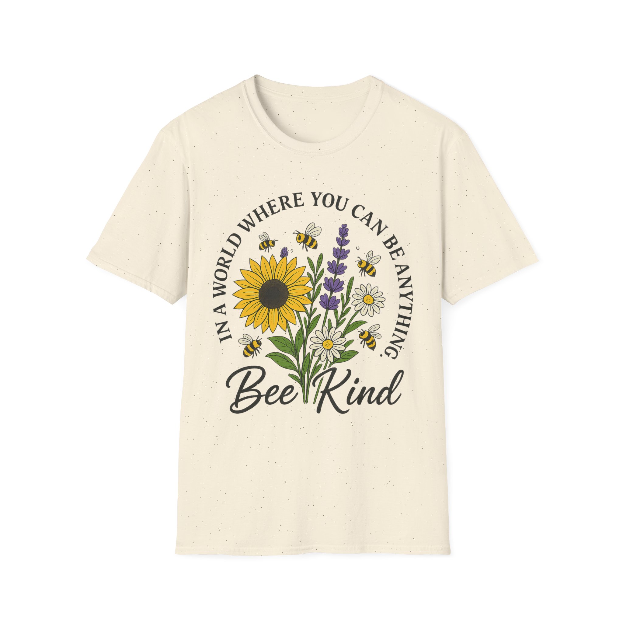 “Bee Kind” Floral Graphic T-Shirt – Unisex Softstyle Tee with Sunflower & Bees, Positive Vibes