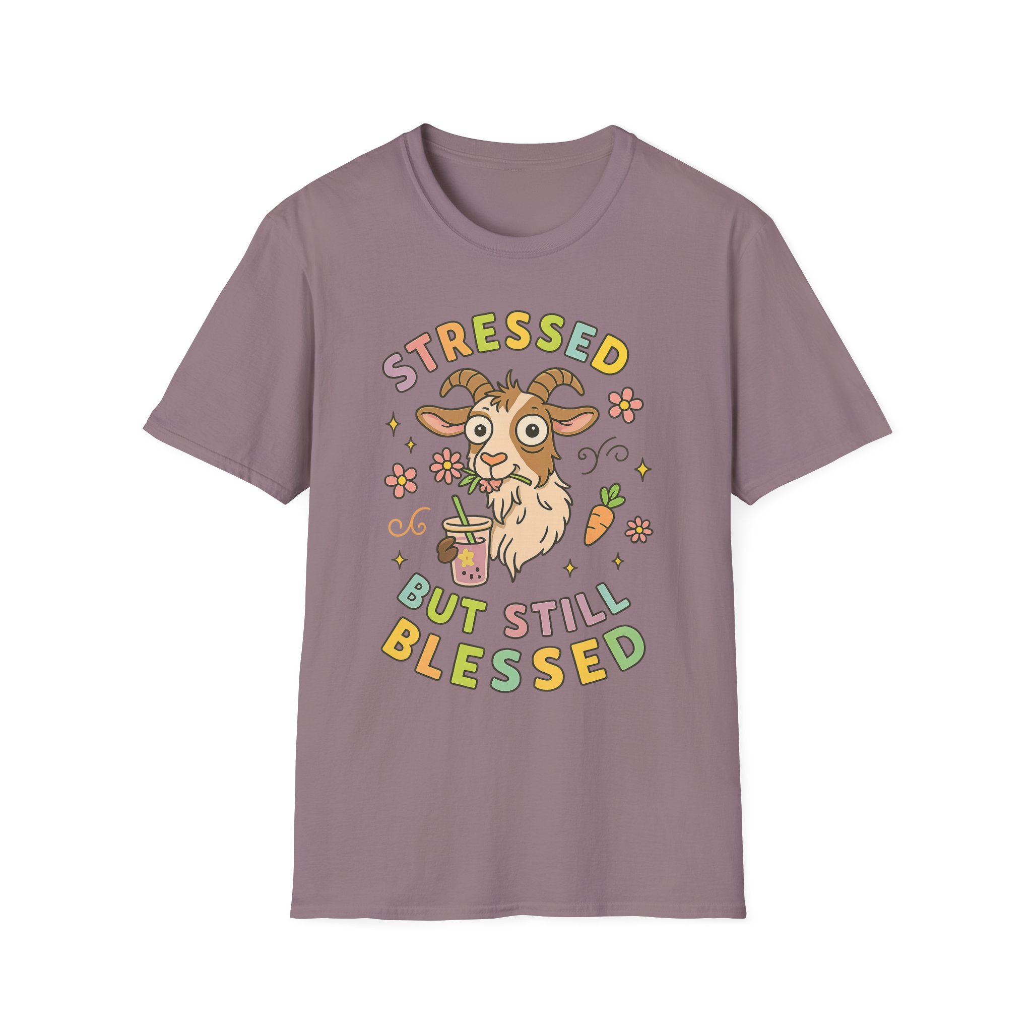 “Stressed But Still Blessed” Goat T-Shirt – Funny Mental Health Unisex Softstyle Tee - Image 3