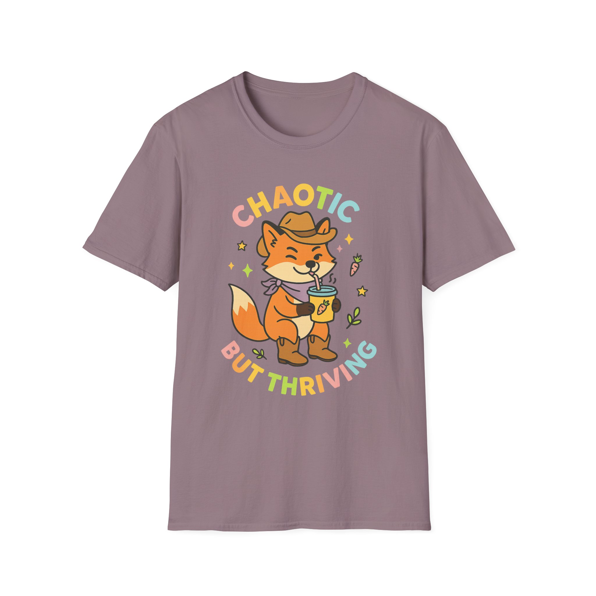 “Chaotic But Thriving” Cowboy Fox Tee – Funny Unisex Softstyle T-Shirt, Lightweight Comfort