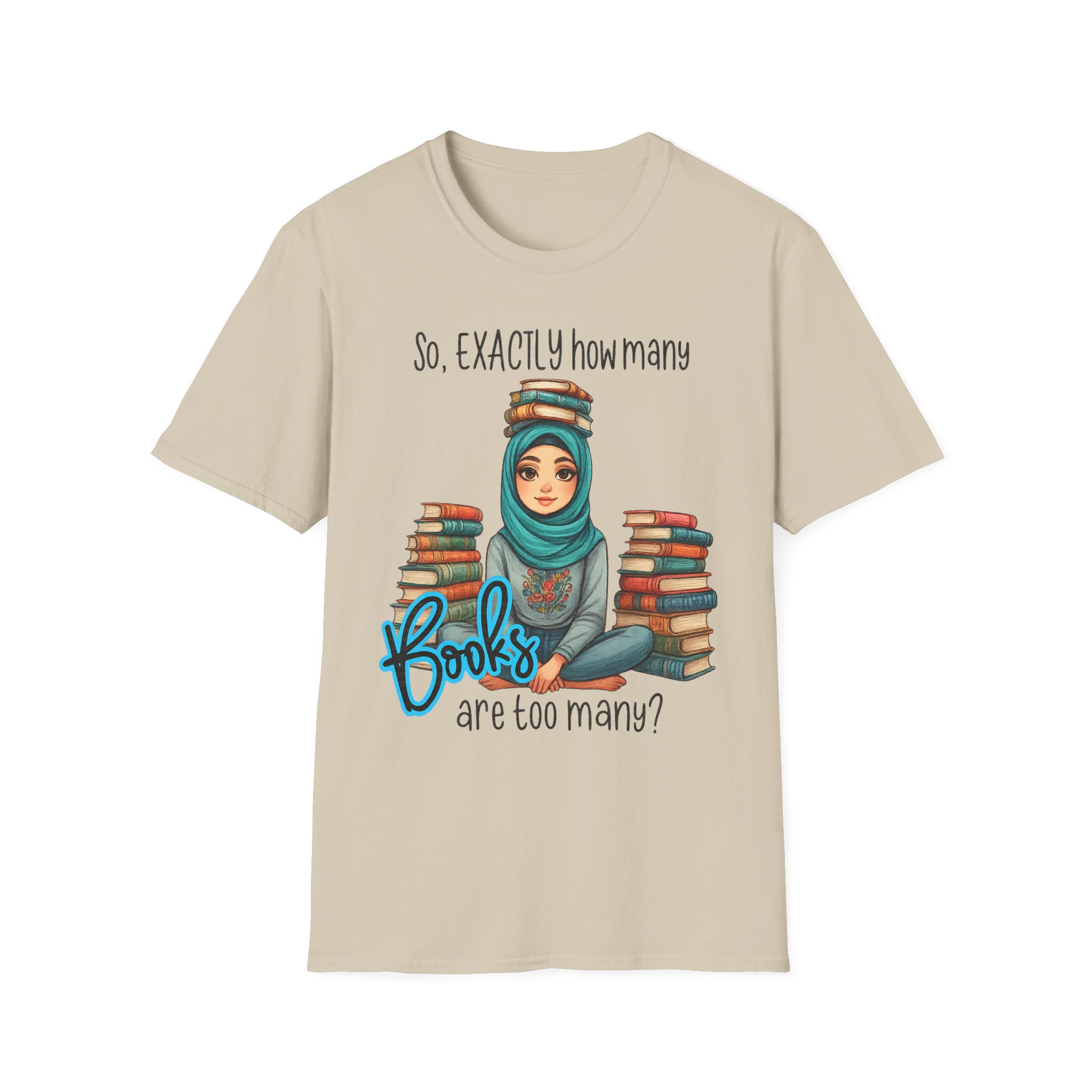 “How Many Books Is Too Many?” T-Shirt – Hijabi Reader Graphic, Unisex Softstyle Tee for Book Lovers - Image 4