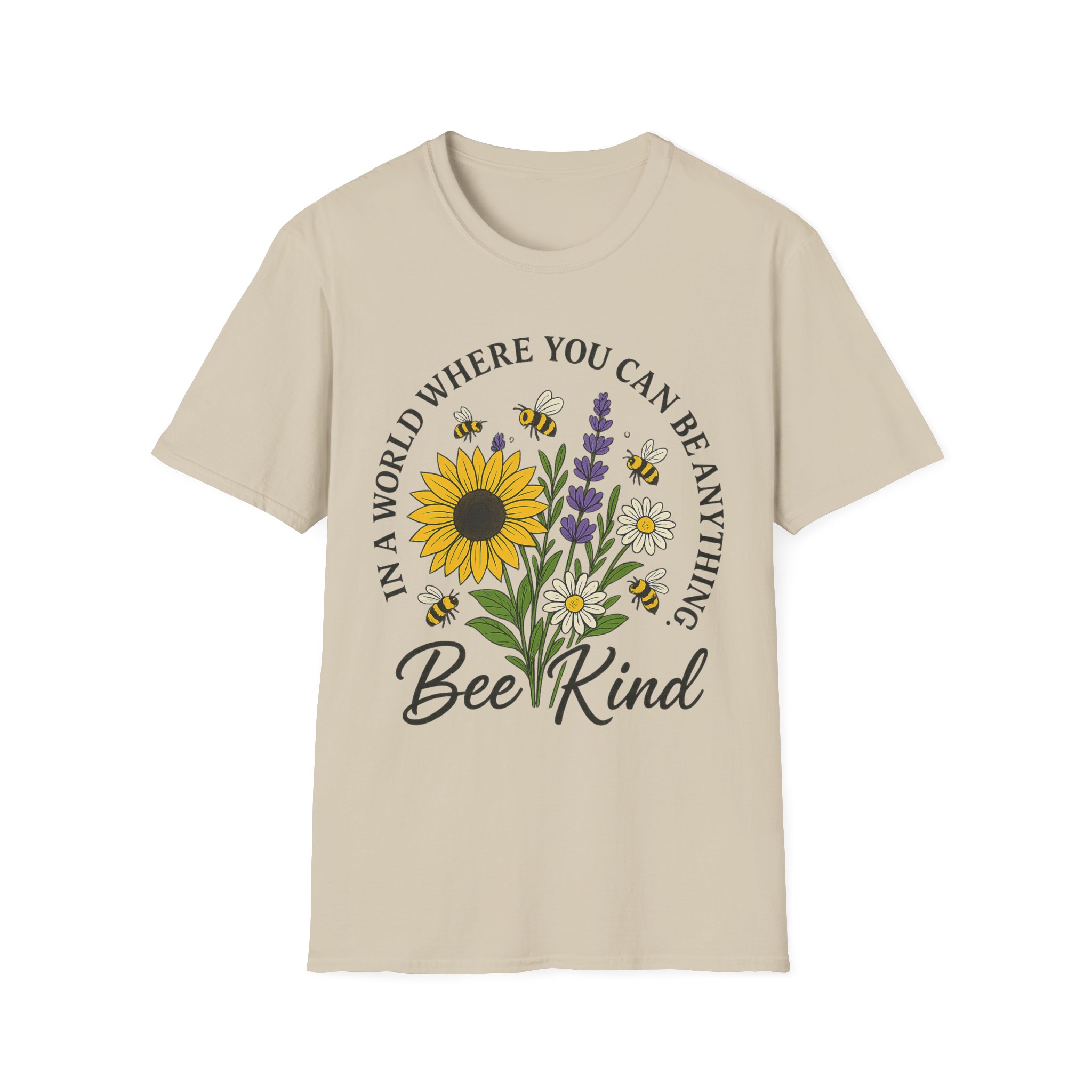 “Bee Kind” Floral Graphic T-Shirt – Unisex Softstyle Tee with Sunflower & Bees, Positive Vibes - Image 3