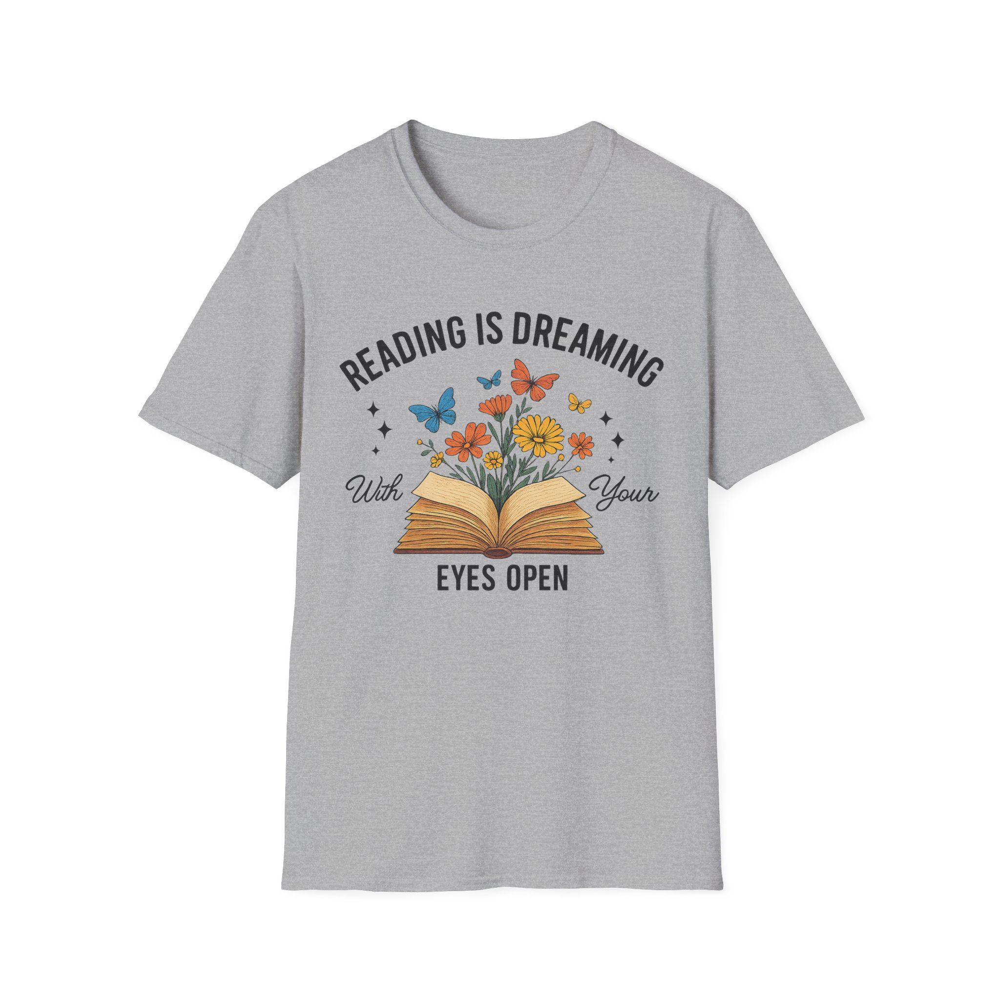 “Reading is Dreaming with Your Eyes Open” T-Shirt – Book Lover Unisex Softstyle Tee with Floral & Butterfly Design - Image 3