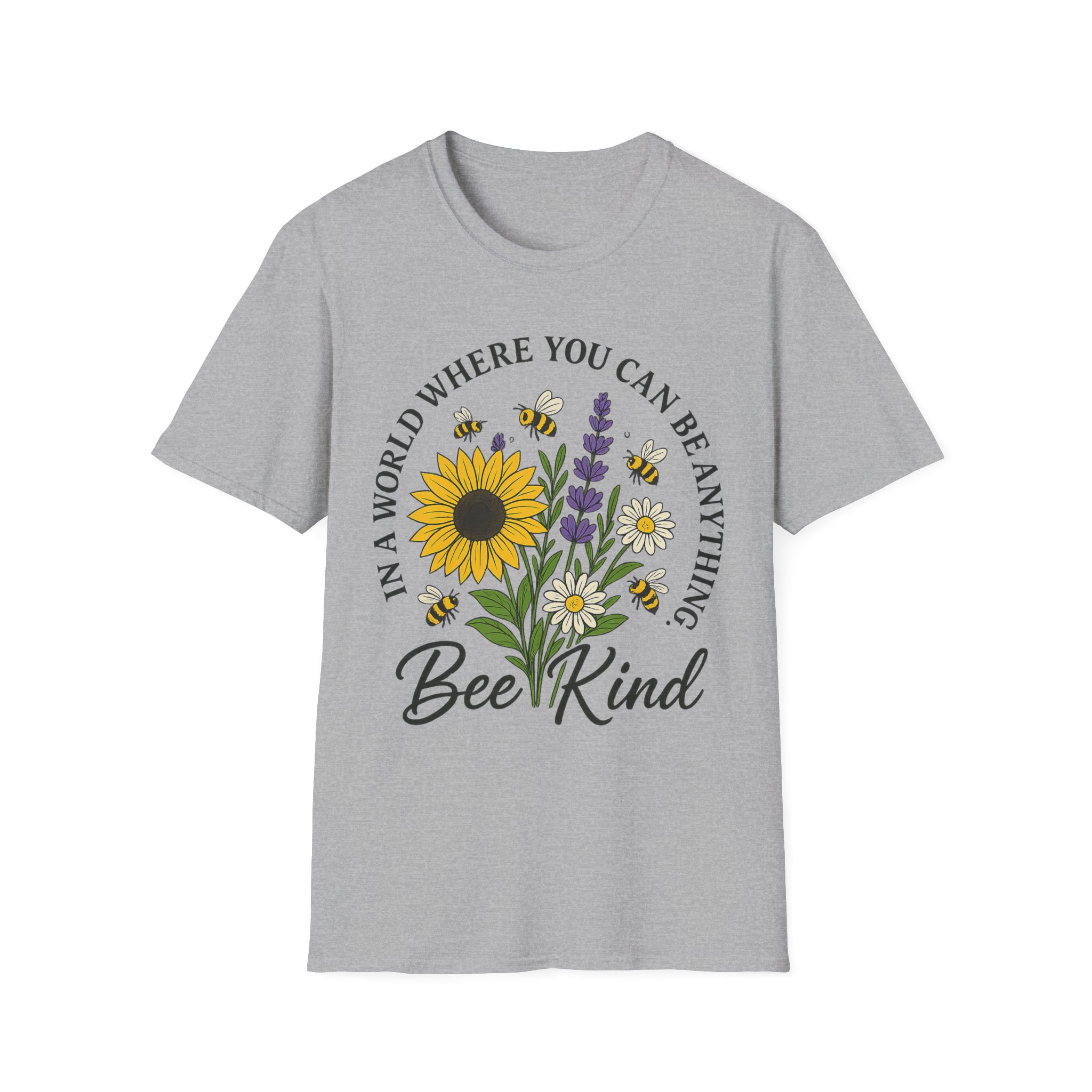“Bee Kind” Floral Graphic T-Shirt – Unisex Softstyle Tee with Sunflower & Bees, Positive Vibes - Image 2