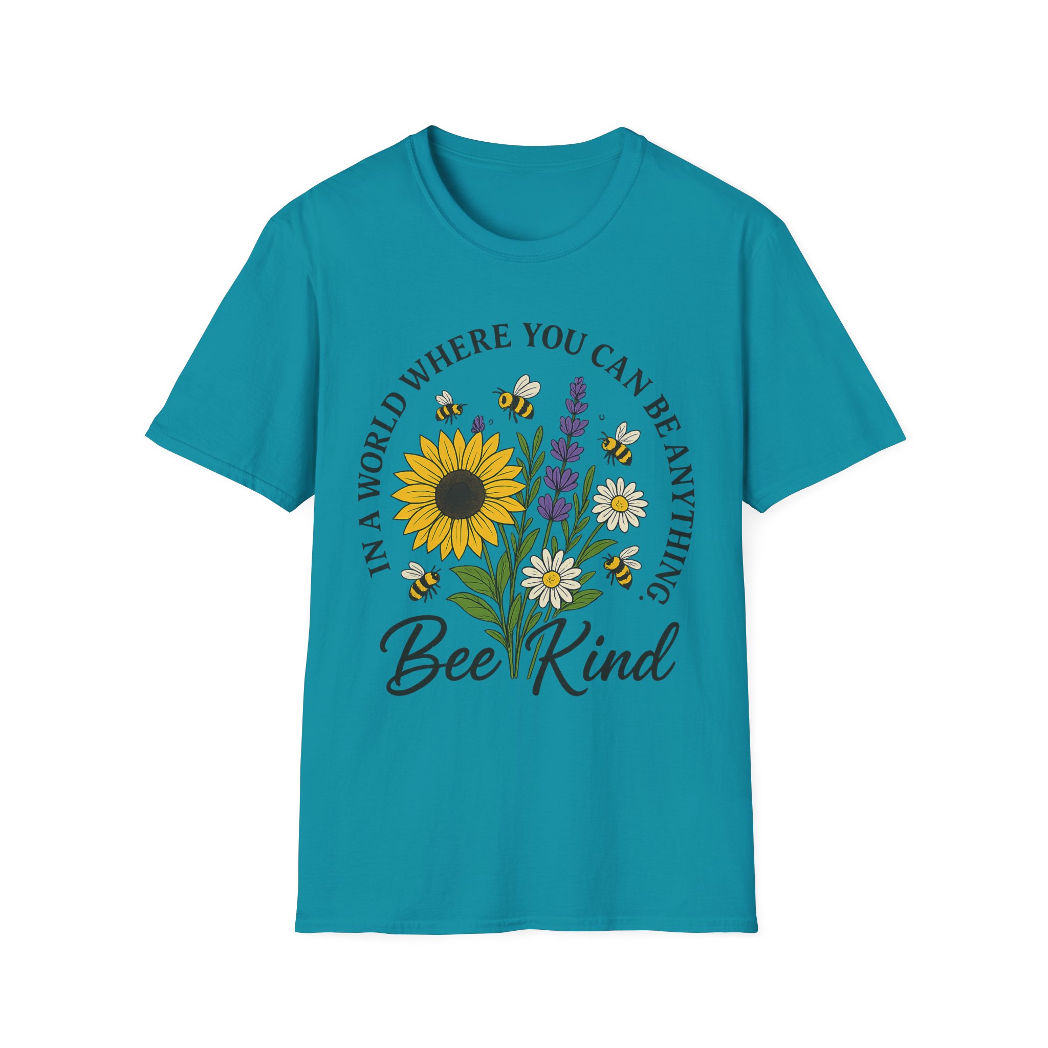 “Bee Kind” Floral Graphic T-Shirt – Unisex Softstyle Tee with Sunflower & Bees, Positive Vibes - Image 4