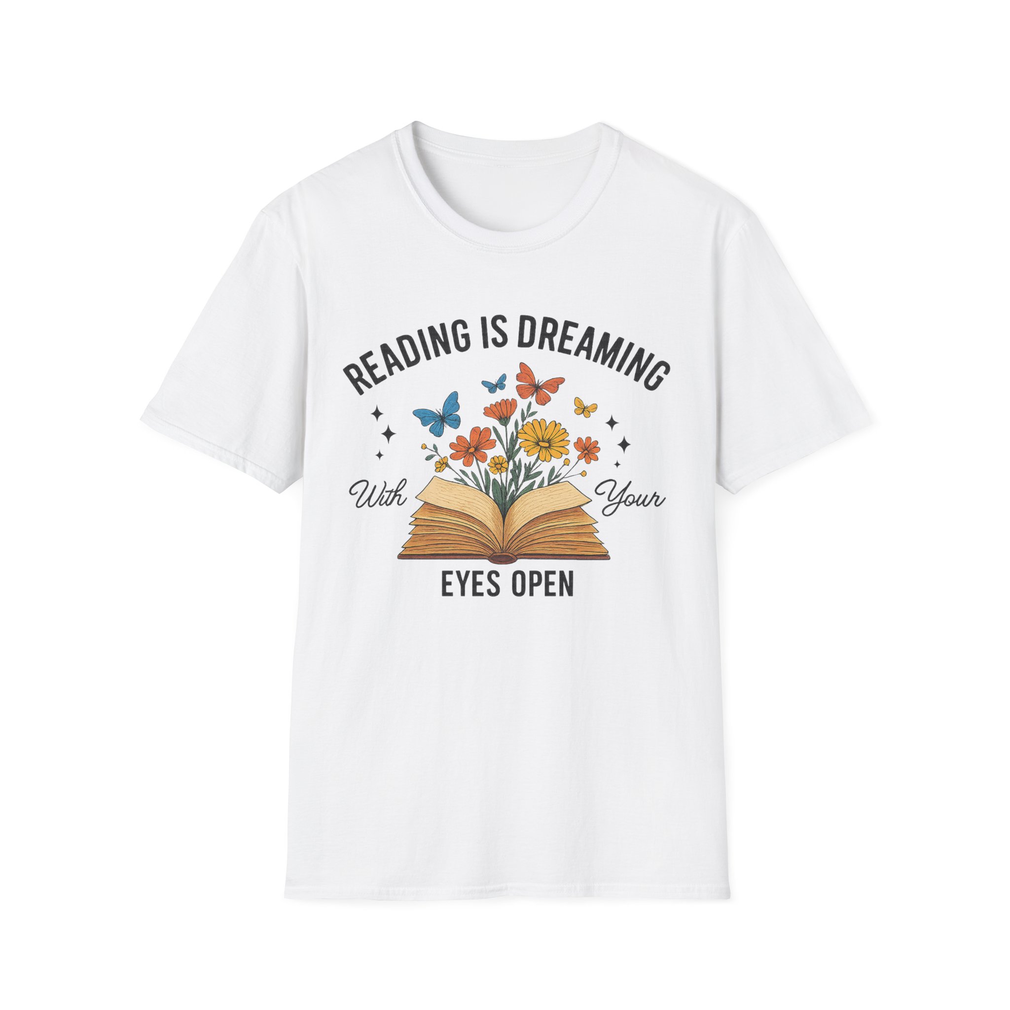 “Reading is Dreaming with Your Eyes Open” T-Shirt – Book Lover Unisex Softstyle Tee with Floral & Butterfly Design - Image 2