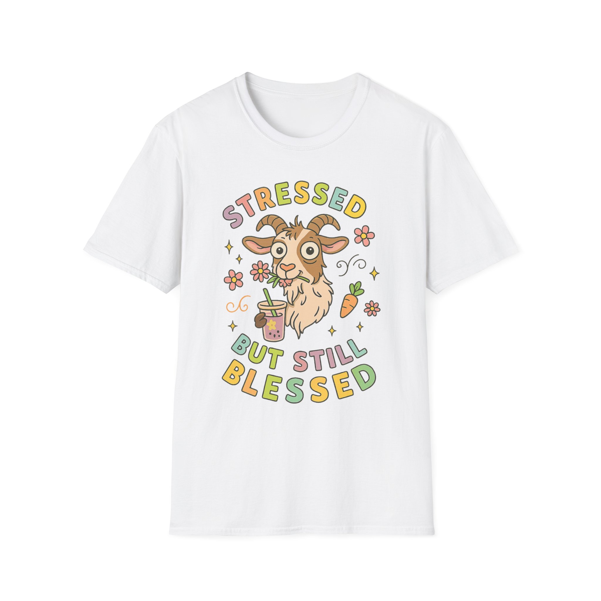 “Stressed But Still Blessed” Goat T-Shirt – Funny Mental Health Unisex Softstyle Tee - Image 2