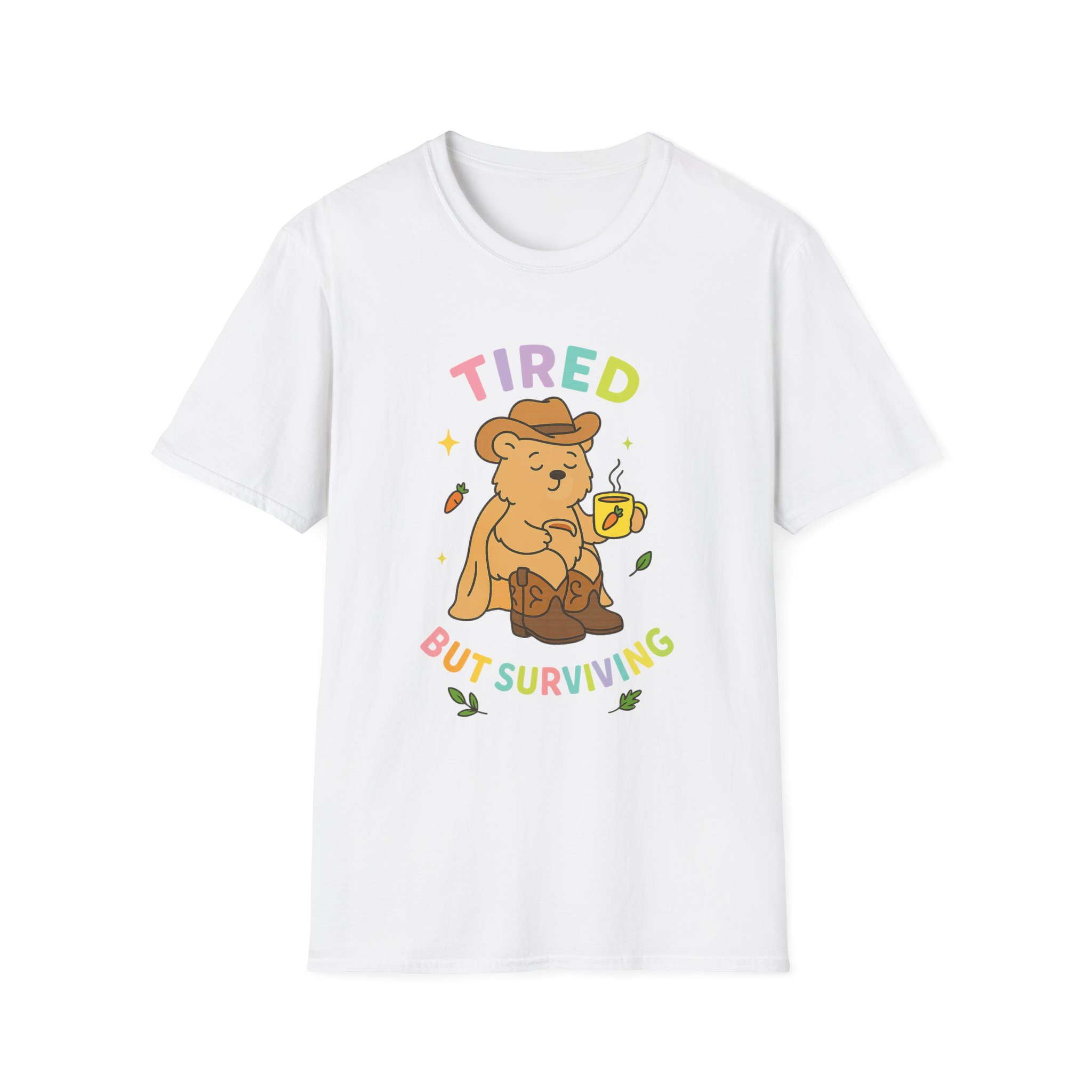 “Tired But Surviving” Bear T-Shirt – Funny Mental Health Unisex Softstyle Tee - Image 2