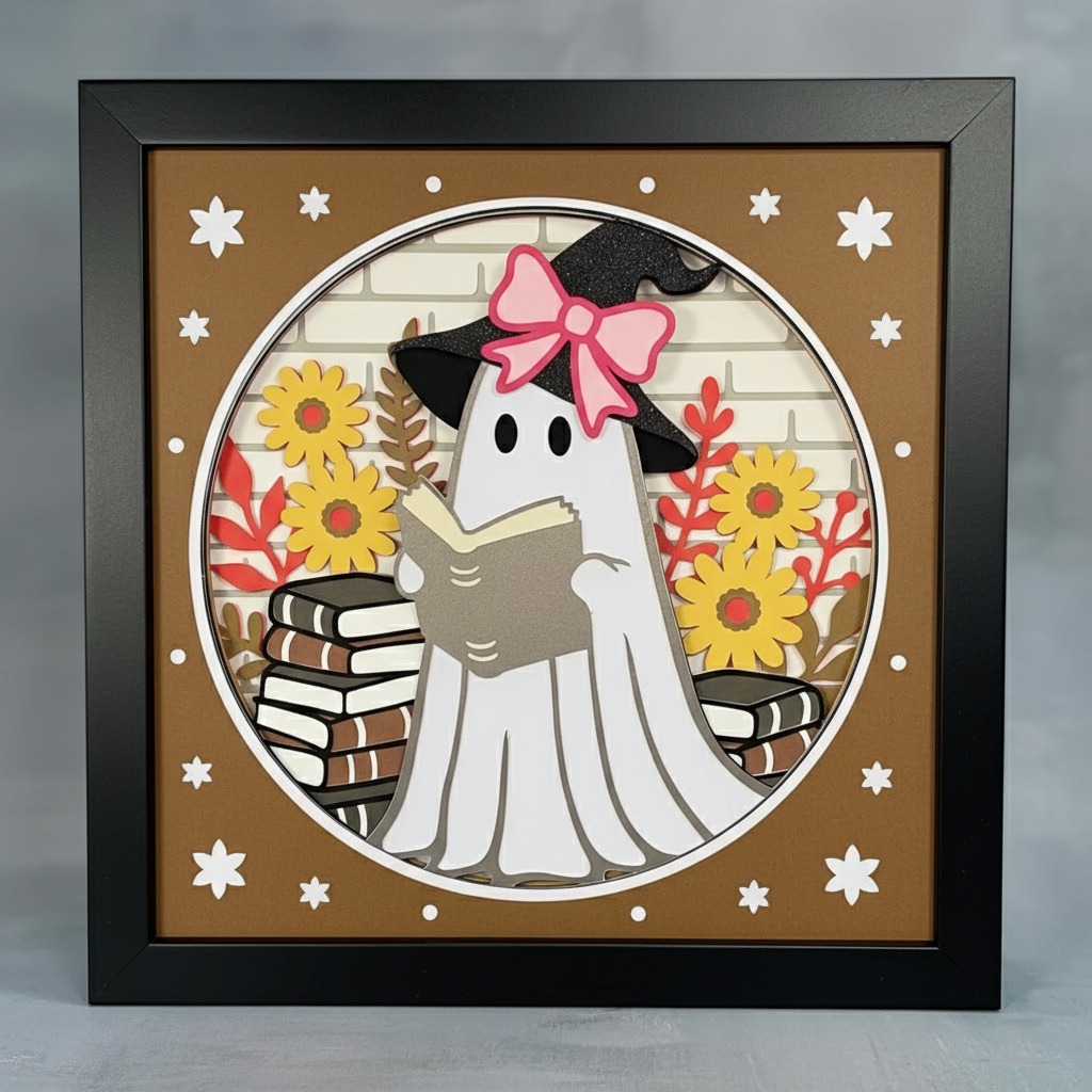 Halloween Bookworm Ghost Shadow Box | Spooky Cute Reading Décor - Image 2