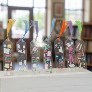 Aesthetic Acrylic Bookmark with Ribbon – Pre-Made Booklover Gift | Cute Cat, Plant, Study, & Book Designs | Holographic Packaging