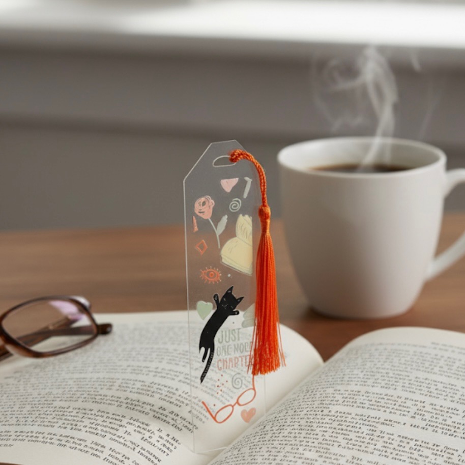 Aesthetic Acrylic Bookmark with Ribbon – Pre-Made Booklover Gift | Cute Cat, Plant, Study, & Book Designs | Holographic Packaging - Image 4