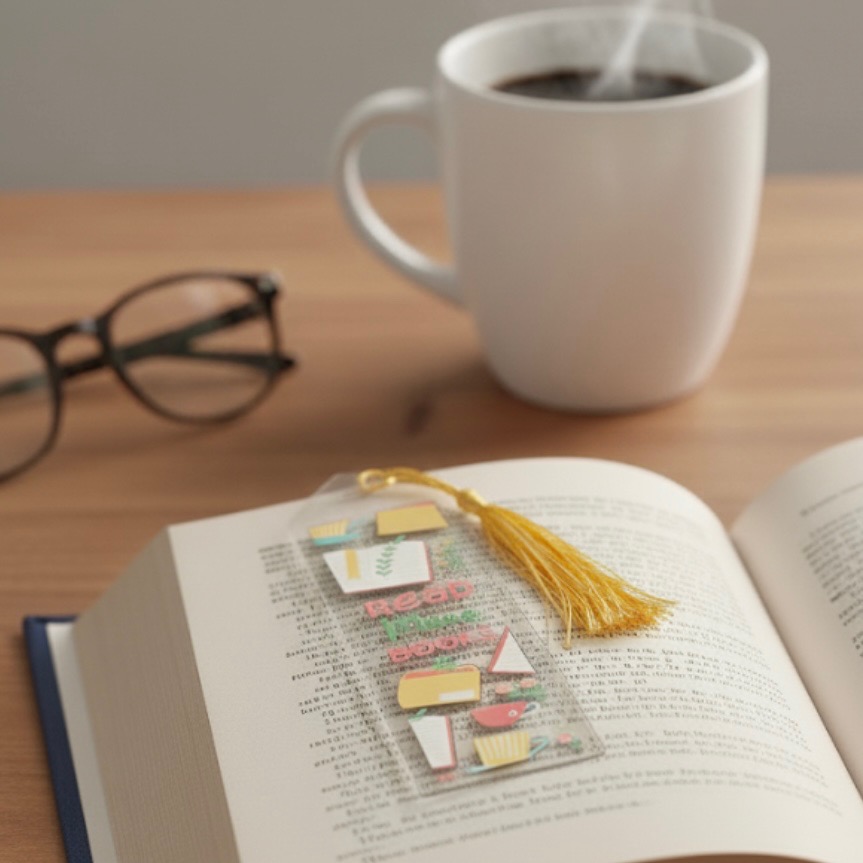 Aesthetic Acrylic Bookmark with Ribbon – Pre-Made Booklover Gift | Cute Cat, Plant, Study, & Book Designs | Holographic Packaging - Image 6