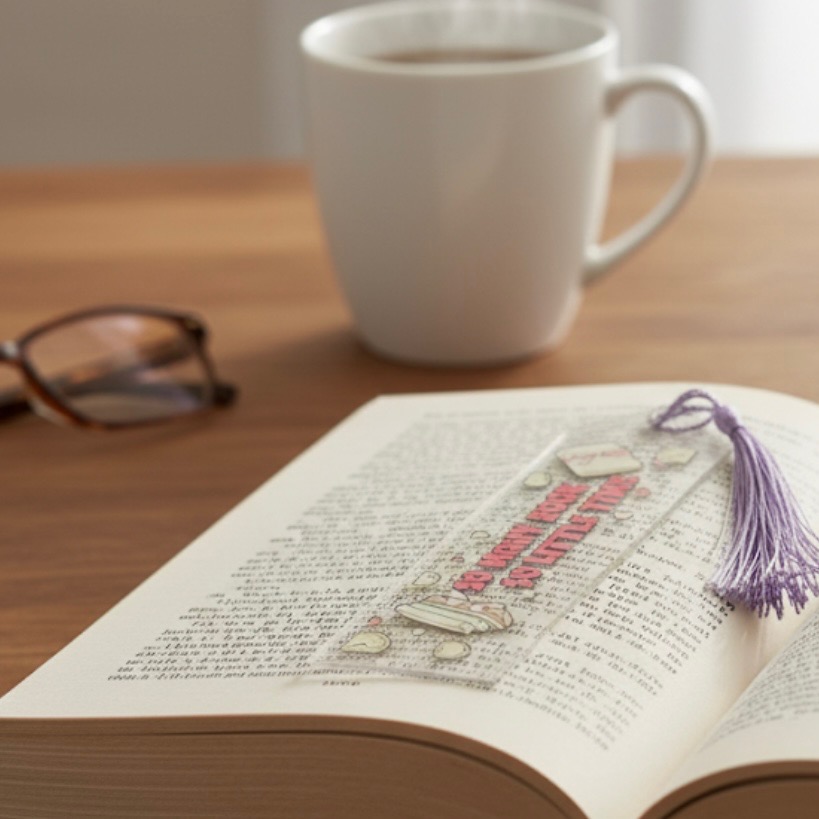 Aesthetic Acrylic Bookmark with Ribbon – Pre-Made Booklover Gift | Cute Cat, Plant, Study, & Book Designs | Holographic Packaging - Image 3