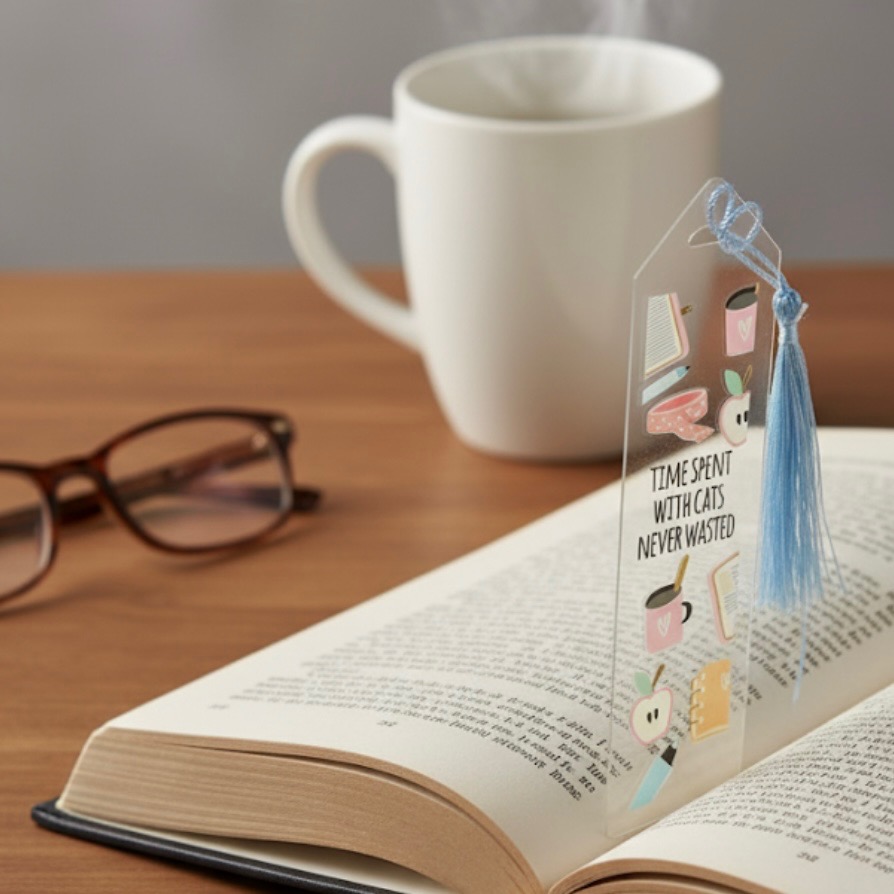 Aesthetic Acrylic Bookmark with Ribbon – Pre-Made Booklover Gift | Cute Cat, Plant, Study, & Book Designs | Holographic Packaging - Image 5
