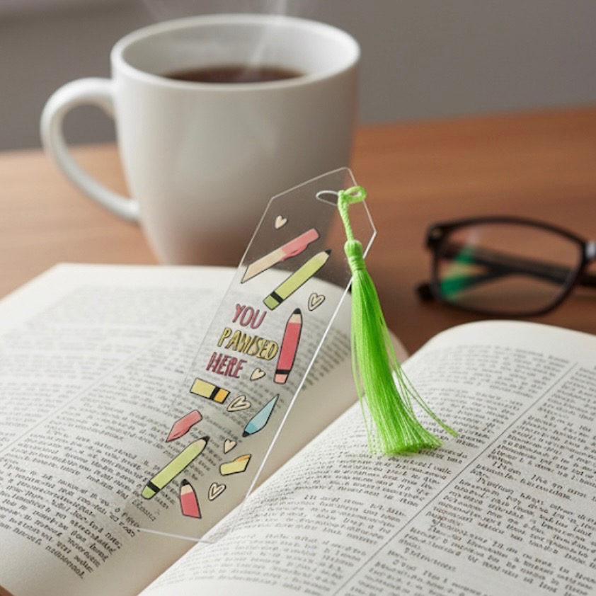 Aesthetic Acrylic Bookmark with Ribbon – Pre-Made Booklover Gift | Cute Cat, Plant, Study, & Book Designs | Holographic Packaging - Image 2