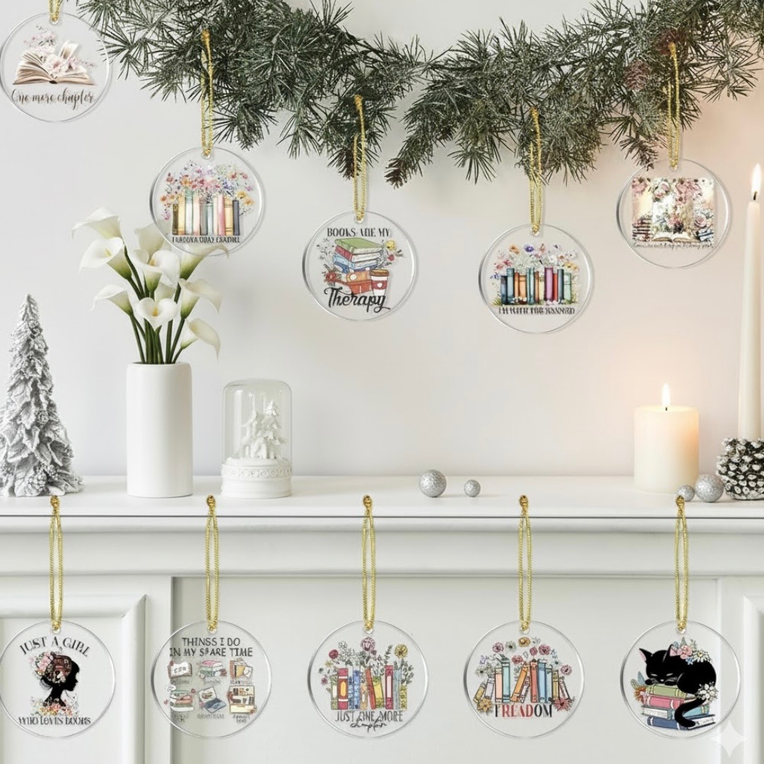 Wildflower Book Lovers Christmas Ornament: Acrylic Floral Book Decor