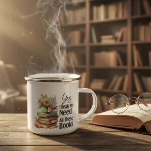 12oz Book Lover Enamel Mug Cozy Bookworm Cup for Readers, Teachers, Librarians & Writers