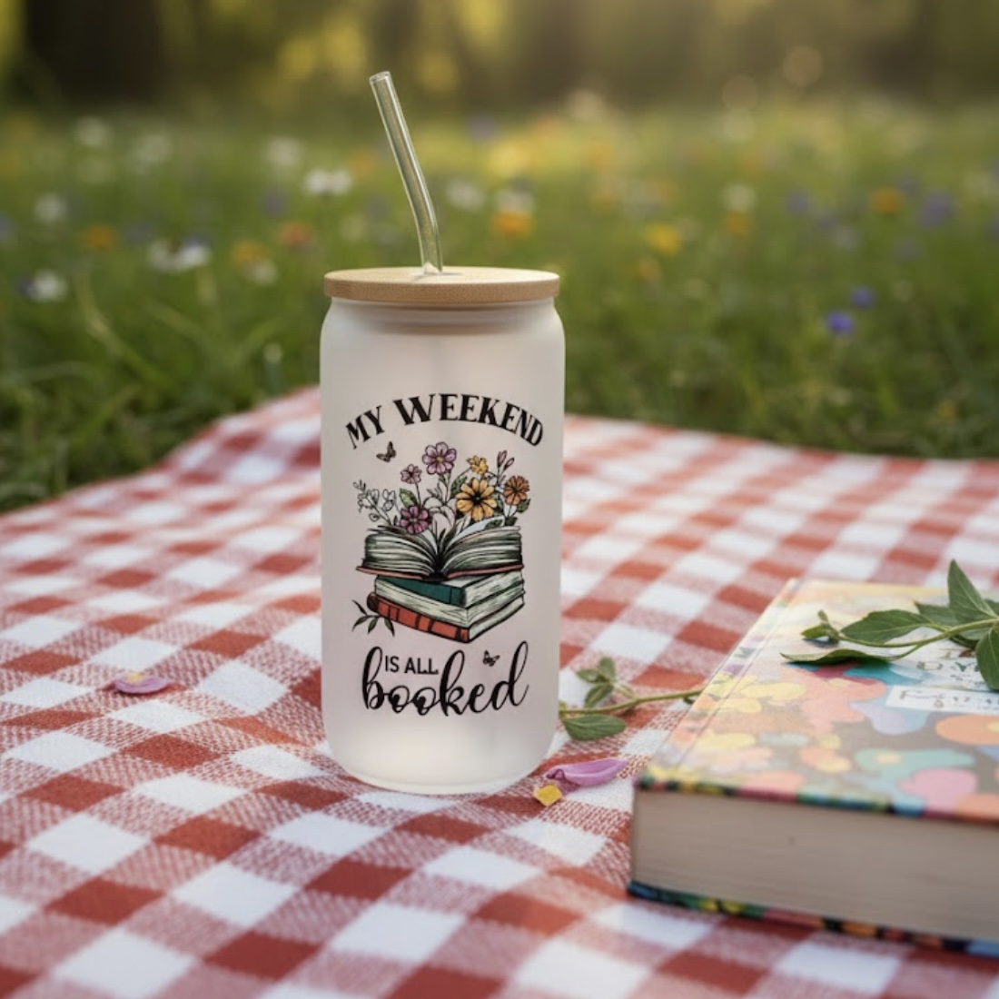 16oz Book Lover Glass Cup with Lid & Straw Cozy Bookish Gift for Readers, Librarians & Book Club Members - Image 5