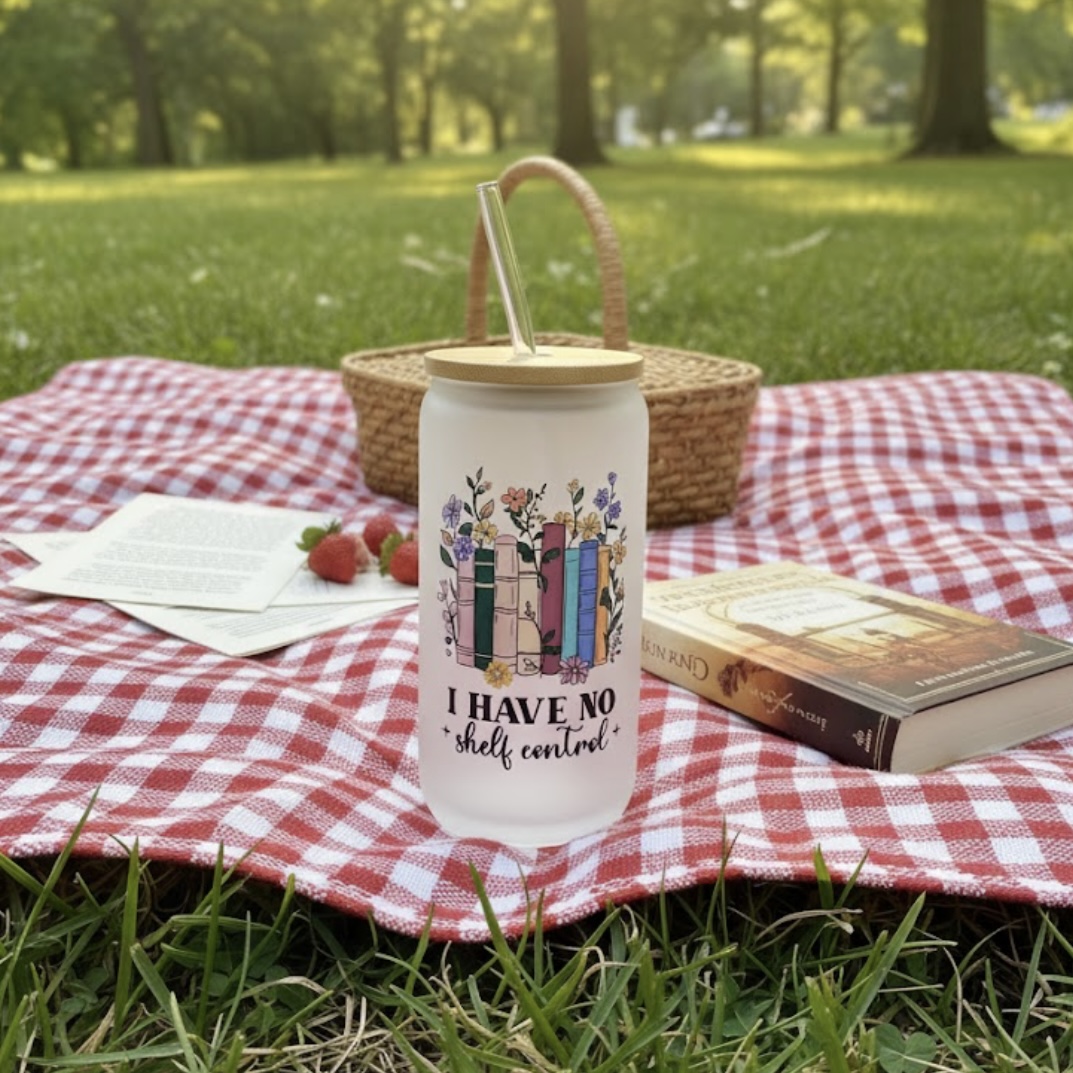 16oz Book Lover Glass Cup with Lid & Straw Cozy Bookish Gift for Readers, Librarians & Book Club Members