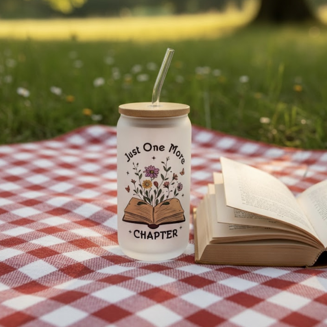 16oz Book Lover Glass Cup with Lid & Straw Cozy Bookish Gift for Readers, Librarians & Book Club Members - Image 2