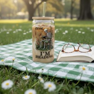 Skeleton Book Lover Glass Cup 16oz Aesthetic For Readers, Bookworms & Literary Lovers