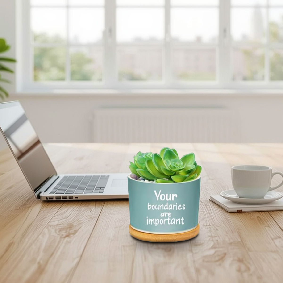 Positive Affirmation Ceramic Succulent Pot with Bamboo Tray - Image 3