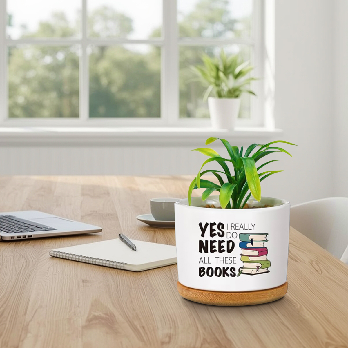 Book Lover Ceramic Succulent Pots with Bamboo Tray - Image 3