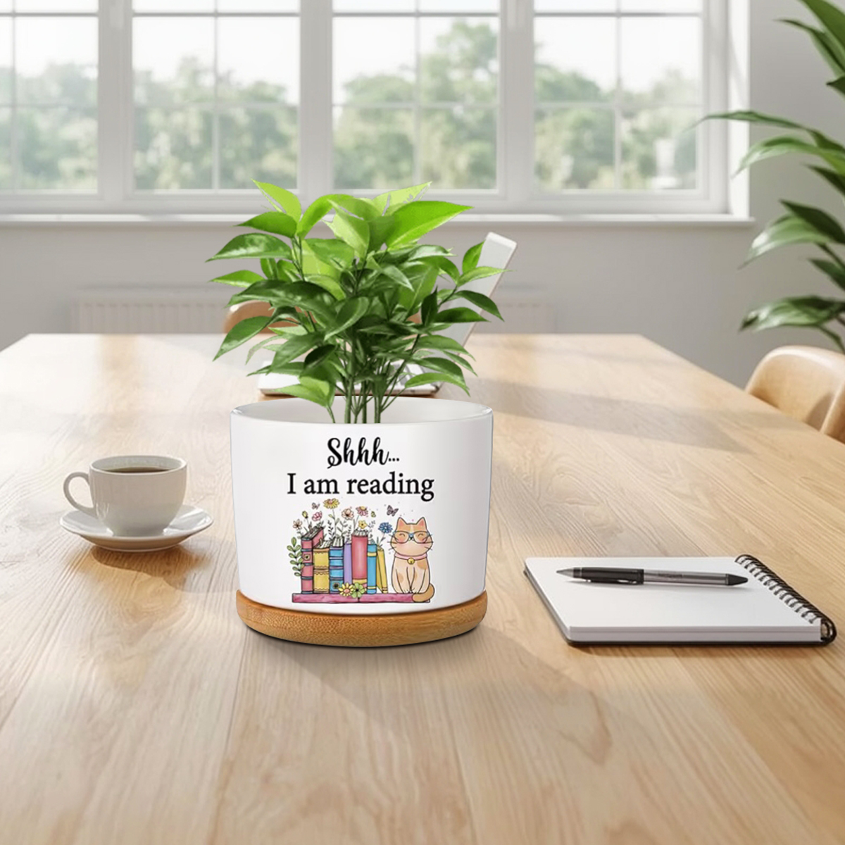 Book Lover Ceramic Succulent Pots with Bamboo Tray