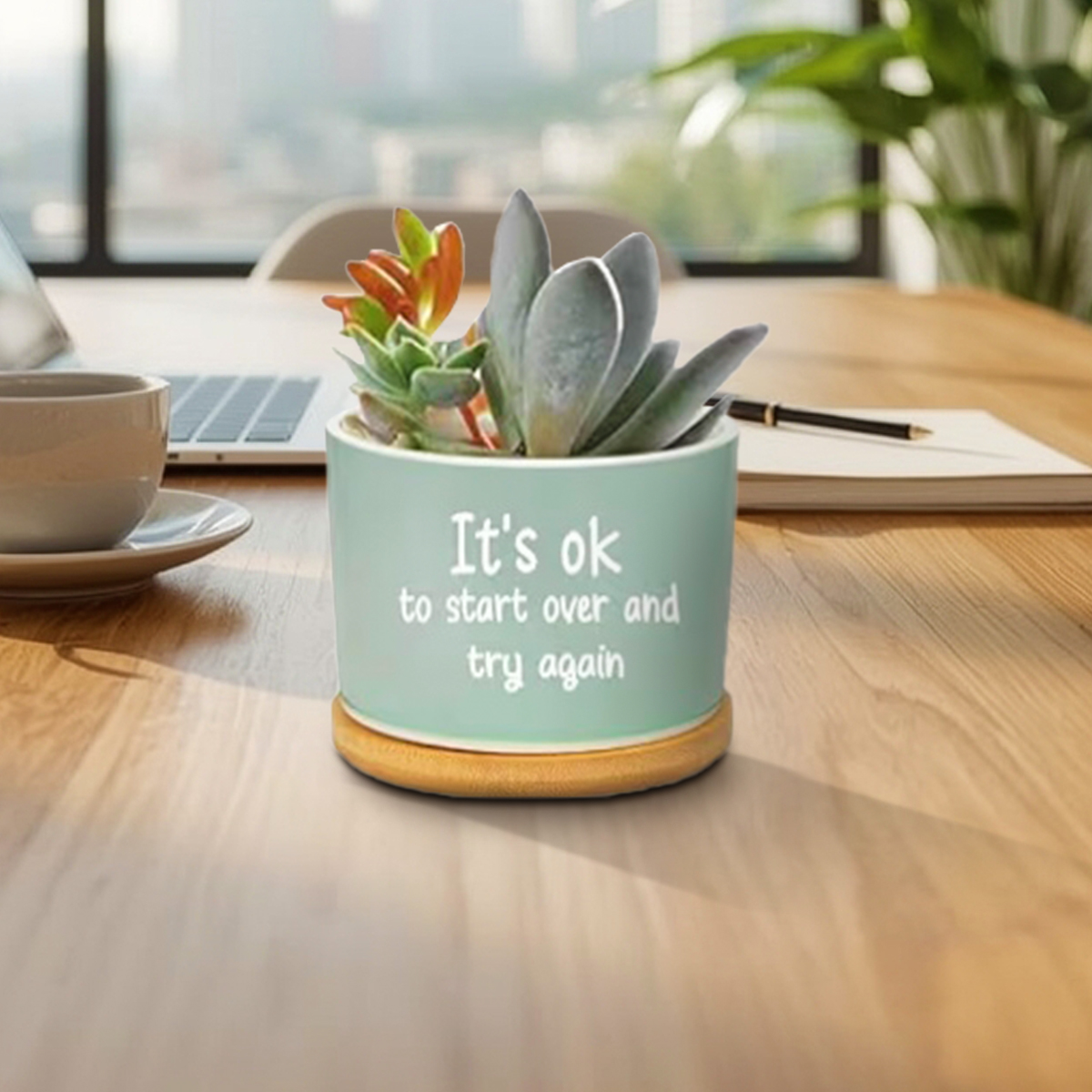 Positive Affirmation Ceramic Succulent Pot with Bamboo Tray - Image 9